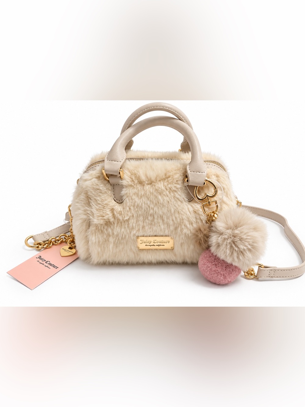 Juicy Couture Beige Faux Fur Mini Satchel with Pink Pom-Pom